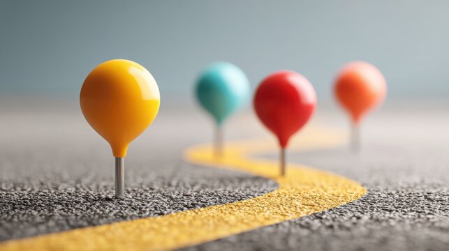 A row of colorful pins placed along a road representing strategic planning and milestones in project development journey