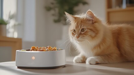 A fluffy ginger cat stares intently at a modern white bowl filled with food on a wooden surface