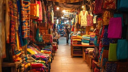 Fototapeta premium Colorful Fabrics and Textiles on Display in an Indian Market