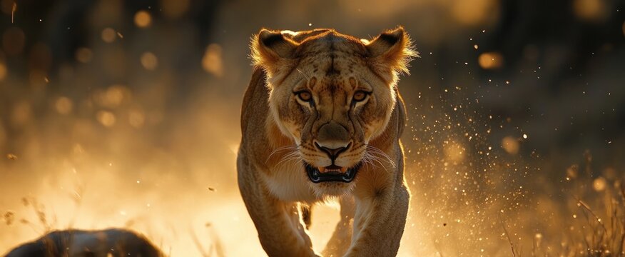 Closeup of a Lioness Walking Towards the Camera in Golden Light