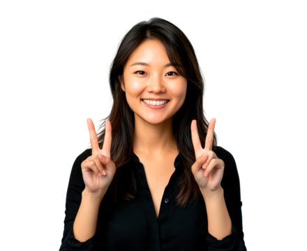 Young woman makes a peace sign on transparent background, PNG