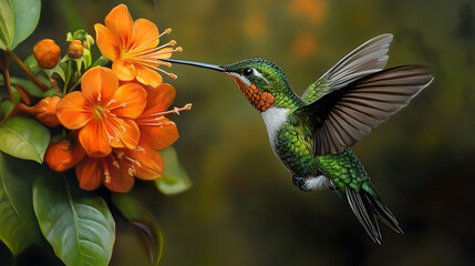 Fototapeta premium Vibrant hummingbird in flight, feeding from an orange flower.