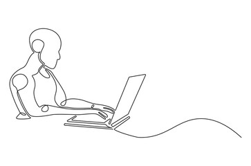Continuous one line drawing of Robot humanoid use laptop. Single line drawing illustration of Humanoid robot use a laptop. 4th industrial revolution concept vector art. Doodle line illustration.