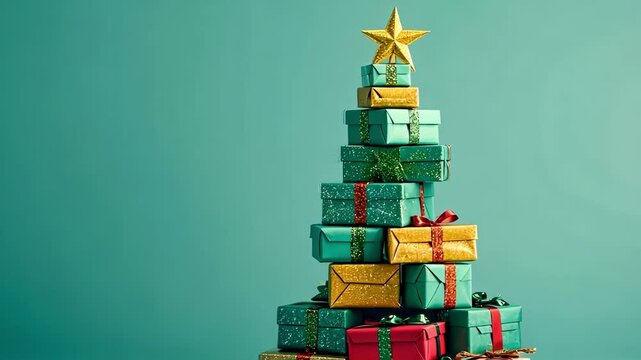 A vibrant festive christmas card design showcasing a beautifully arranged pile of colorful gifts beneath a sparkling tree topped with a golden star. Ideal for holiday greetings and celebrations.
