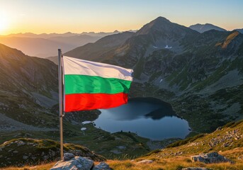 Waving Bulgarian Flag Representing Balkan History Over the Stunning Alpine Beauty of the Seven Rila Lakes