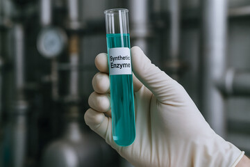 Synthetic enzyme test tube held in gloved hand, showcasing vibrant blue liquid