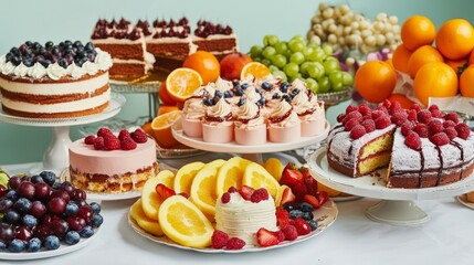 Obraz premium Elegant Dessert Table Cakes, Fruits and Pastries, Sweet Treats , Food Photography