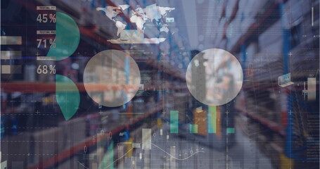 Image of financial graphs over warehouse