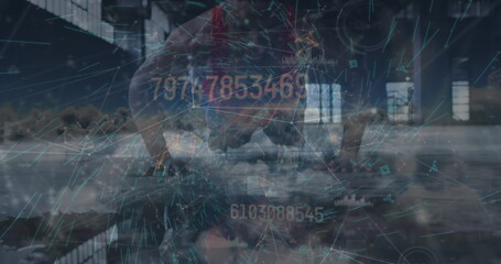 Image of data processing over african american man doing push ups