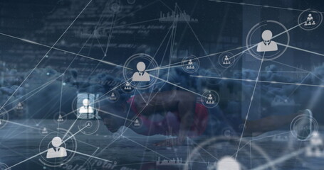 Image of network of profile icons over clouds against fit man performing one handed push ups