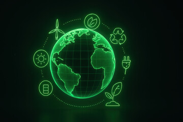 Obraz premium Glowing digital globe, vibrant green representation of Earth, futuristic design, symbolizing global connectivity and technology.