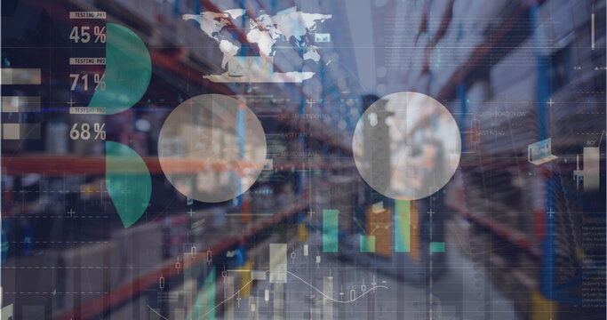 Image of financial graphs over warehouse