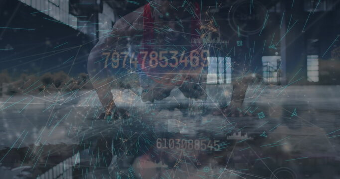 Image of data processing over african american man doing push ups