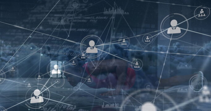 Image of network of profile icons over clouds against fit man performing one handed push ups