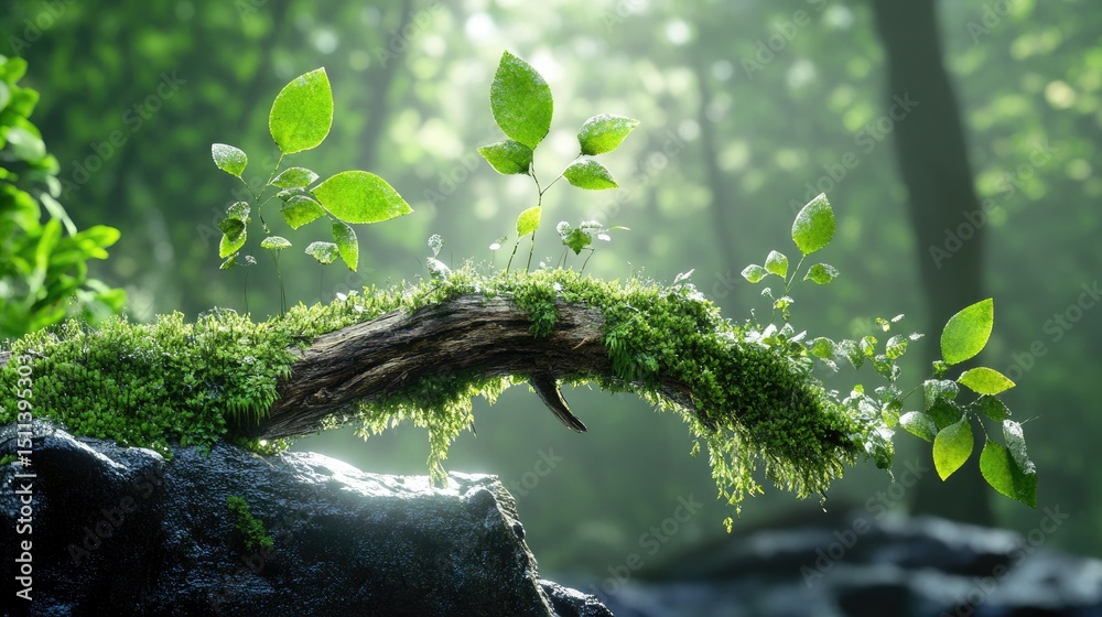 Poster close-up of mossy branch surrounded by soft forest bokeh, damp woodland atmosphere