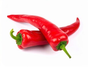 Two vibrant red chili peppers isolated on white background perfect for culinary or spicy food themes