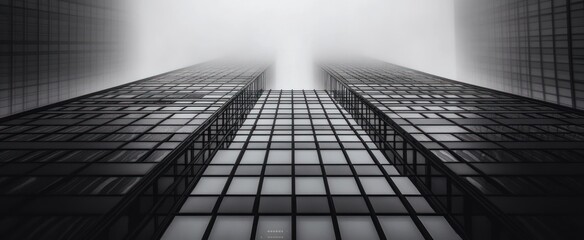 A View Upward Through Foggy City Skyscrapers