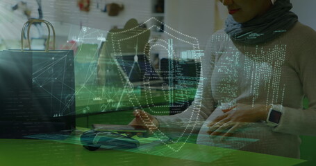 Image of network of connections and padlock icon over woman paying with smartphone