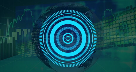 Image of scope scanning over globe and data processing on black background