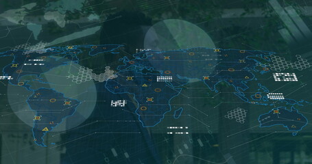Image of world map over data processing and african american businessman