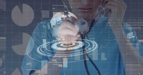 Image of data processing and globe over caucasian female doctor