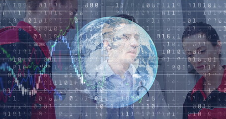 Image of data processing and globe over diverse doctors