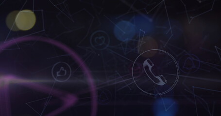 Image of network with icons and lights over blurred night traffic