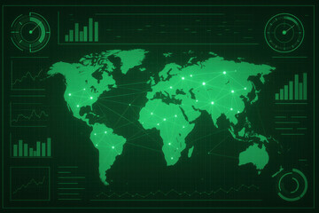 Digital world map illustration, glowing green continents over dark background, ideal for tech, education, or travel themes.