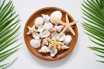Summer Beach Decor Elements. Assortment of Shells and Starfish with Green Leaf, Perfect for Creative Projects and Backgrounds.