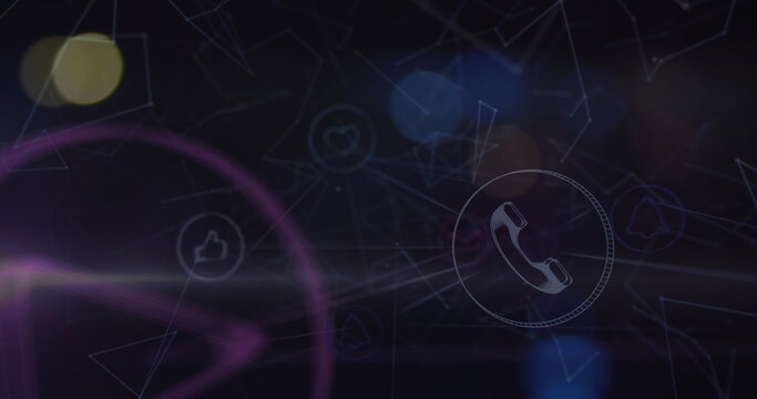 Fototapeta Image of network with icons and lights over blurred night traffic