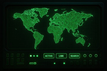 Green world map display, detailed digital representation of continents and countries, perfect for tech-themed projects and presentations.