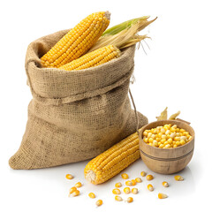 A burlap sack filled with whole ears of yellow corn, showing fresh kernels and natural texture.