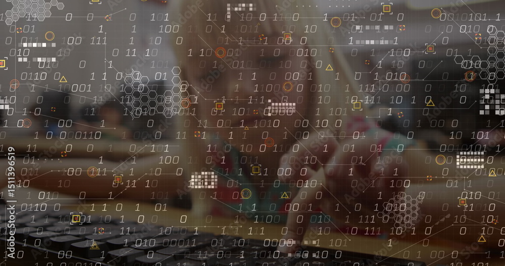 Poster image of data processing and abstract shapes against caucasian girl using computer at school