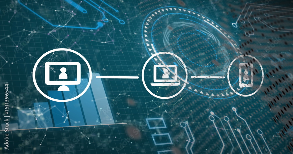 Poster image of digital icons over digital interface with data processing and network of connections