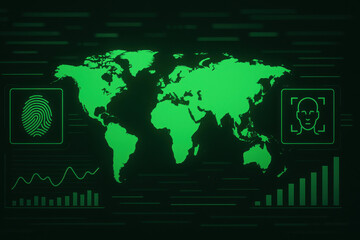Digital world map illustration, glowing green continents on dark background, ideal for data analysis or global strategy themes.