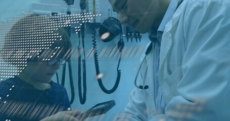 Data processing against asian male doctor teaching to use magnifying glass to caucasian boy