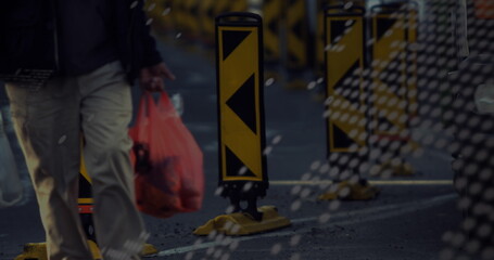 Image of data processing and globe over diverse people walking on street