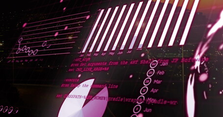 Image of statistical data processing against aerial view of city traffic at night