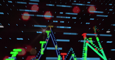 Image of financial data processing over light spots on black background