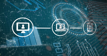 Image of digital icons over digital interface with data processing and network of connections