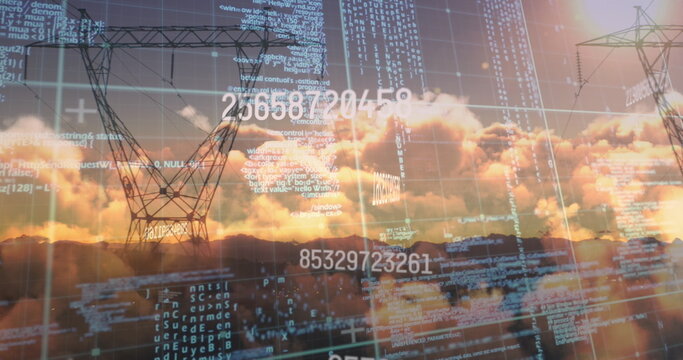 Image of data processing and numbers over electricity poles - Powered by Adobe