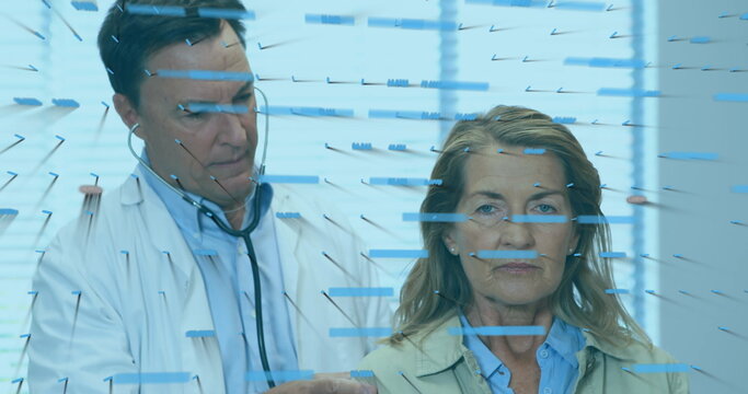 Financial data processing against caucasian male doctor examining caucasian senior female patient