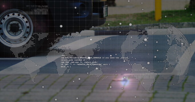 Image of data processing, world map and spinning globe against city traffic - Powered by Adobe