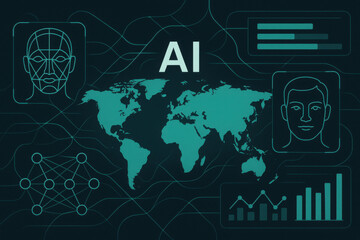 Global AI concept design, digital world map with data graphics, emphasizes technology and innovation, ideal for presentations.