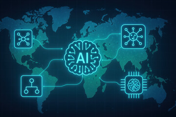 Digital global network, abstract map background with AI connections, futuristic technology illustrating data exchange and innovation.