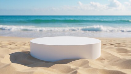 Empty White Product Podium on Sandy Beach. Perfect Tropical Ocean Background for Summer Cosmetics and Vacation Displays.