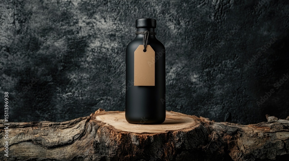 Poster black glass bottle with blank kraft paper tag resting on rustic log slice, moody branding style