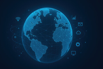 Digital globe with interconnected nodes, blue color scheme, representing global connectivity and technology advancements, ideal for tech presentations.