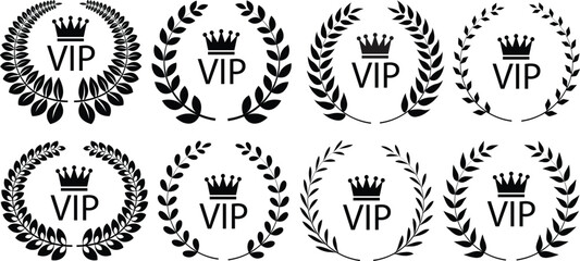 VIP icons set black flat styles. Symbol of exclusivity. Vip vectors with crown and laurel wreath. Luxury premium badge. Very important person sign illustration. Decoration elements for website design.
