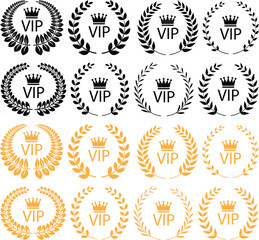 VIP icons set black, yellow style. Symbol of exclusivity. Vip vectors with crown and laurel wreath. Luxury premium badge. Very important person sign illustration. Decoration element for website design